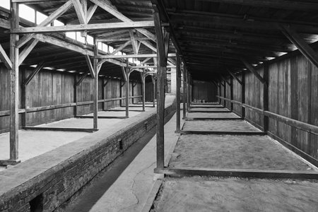 Old wooden building in black and white. Interior of an old building.のeditorial素材