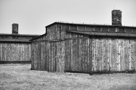 Wooden barn in black and white. Monochrome image.のeditorial素材