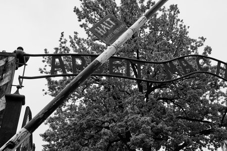 Old road sign in the center of the old town. Black and white.のeditorial素材