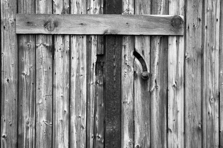 Old wooden door with rusty lock. Black and white photo. Close-up.のeditorial素材