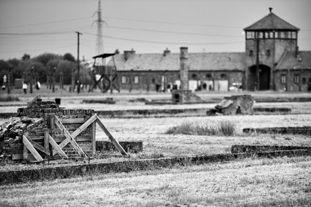 Abandoned industrial site in the countryside. Black and white photo.