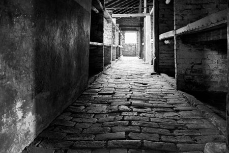 Old cobblestone street in an abandoned building. Black and white.