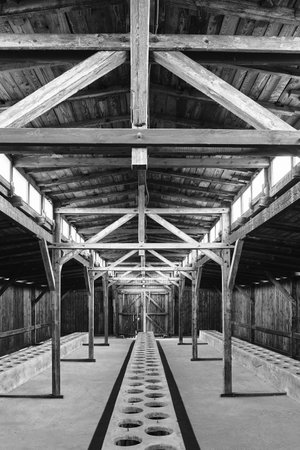 Interior of an old barn with wooden beams, black and white