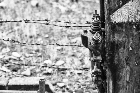 Old rusty fence with barbed wire. Black and white photo.のeditorial素材