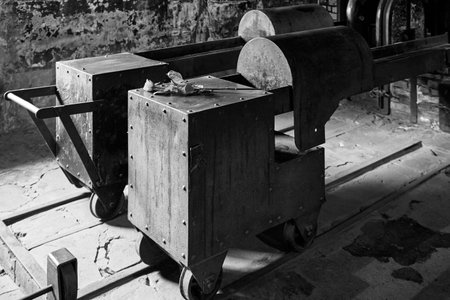 Old and worn out industrial equipment in an abandoned factory. Black and white.のeditorial素材