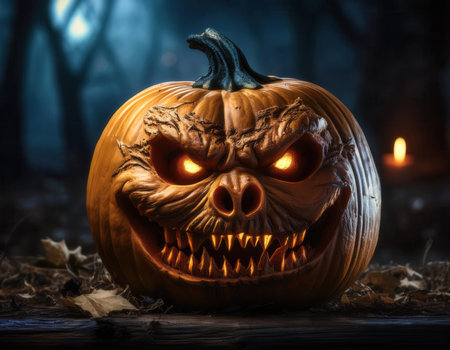 Halloween pumpkin head jack lantern with scary eyes in the dark forestの素材