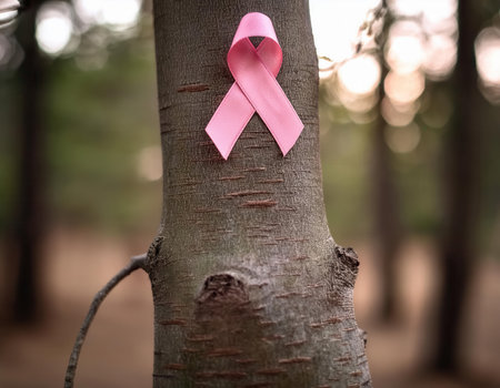 Breast Cancer Awareness Ribbon on Tree Trunk - Symbol of Breast Cancer Awarenessの素材