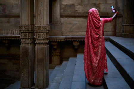 Young indian woman in red sari taking selfie on smartphone.の写真素材