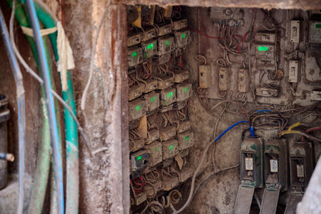 Electrical panel with wires and contactors on the wall. Electric backgroundのeditorial素材