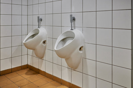 Public bathroom facilities urinals white ceramic tiles modern clean commercial restroom interior...