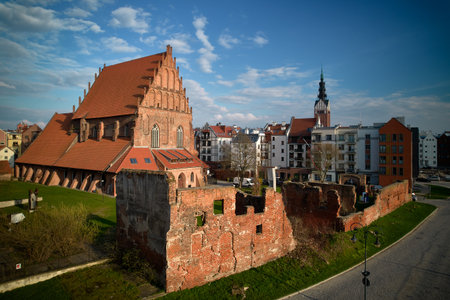 Historic Teutonic castle ruins in Elblag Old Town aerial view with Gothic architecture brick...