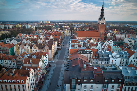 Historic Elblag city center aerial panorama with Gothic cathedral medieval buildings colorful...