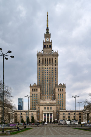 Palace of Culture and Science ornamental tower with symmetrical plaza, public square, architectural...