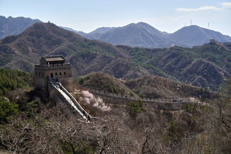 Low-angle perspective of tourists climbing steep stone stairs on an elevated passage with mountain terrain, protective railings visible, action shot capturing the physical challenge and adventure of navigating this historic fortification structure.の写真素材