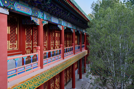 Temple courtyard elevated view golden roof city skyline background, architectural scale perspective
