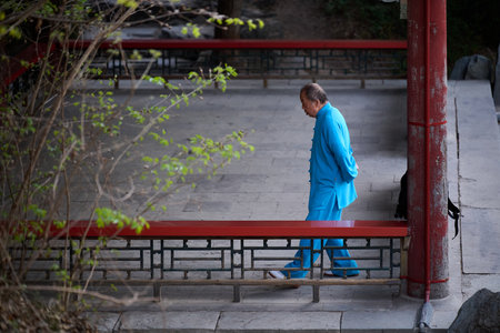 Elderly man wearing bright blue Tai Chi clothing standing by red decorative railing under Chinese pavilion tree branches foreground horizontal composition contemplative mood natural settingの写真素材
