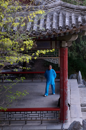 Elderly Asian man in bright blue Tai Chi uniform standing under traditional Chinese pavilion with ornate gray roof tiles red pillar natural foliage vertical format serene atmosphereの写真素材