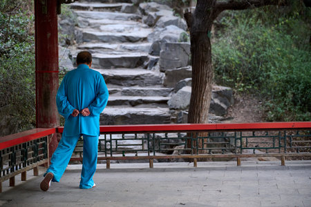 Tai chi practitioner jogging in blue traditional uniform through temple complex with red railings and overgrown stairs backdropの写真素材