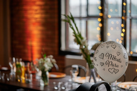 Young Couple Wedding Balloon Decoration on Reception Tableのeditorial素材