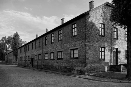 Exterior of brick prisoner block at Auschwitz camp