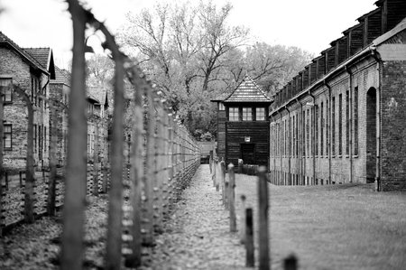 Guard tower and perimeter fence at Auschwitz concentration camp