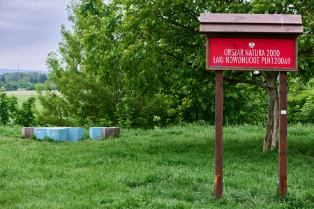 Information sign for the Laki Nowohuckie Natura 2000 protected meadow area, Nowa Huta, Krakow,...