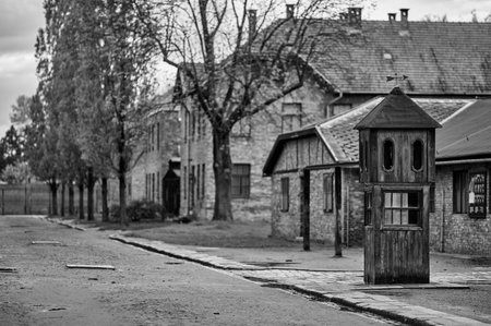 Wooden sentry box on path at Auschwitz concentration camp museum