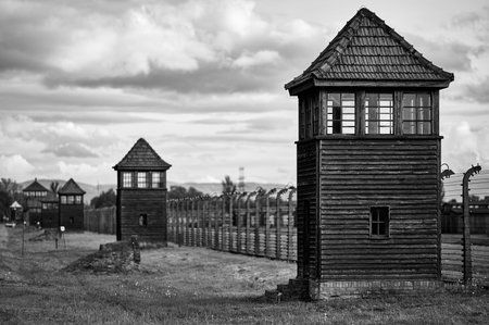 Wooden watchtowers at Auschwitz Birkenau concentration camp siteのeditorial素材