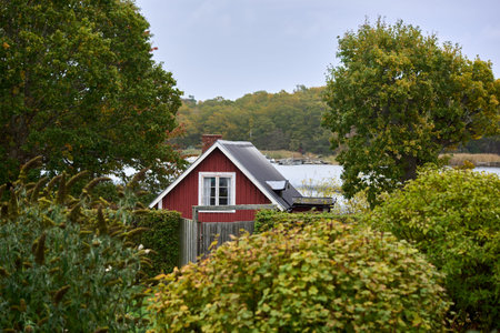 Falu red wooden cottage situated near the water's edge surrounded by autumn trees, Aspo, Karlskrona, Blekinge, Sweden, Europe.のeditorial素材