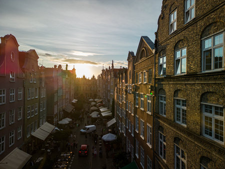 Aerial view of Gdansk Old Town at sunset, Poland