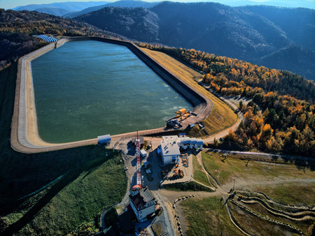 Aerial view of the upper reservoir of the Porabka-Zar pumped-storage hydroelectric power station on Gora Zar mountain, Bielsko-Biala, Silesia, Poland, Europe.のeditorial素材