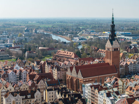 Panoramic aerial view of ElblÄ…g's Old Town and cathedral on a sunny spring day