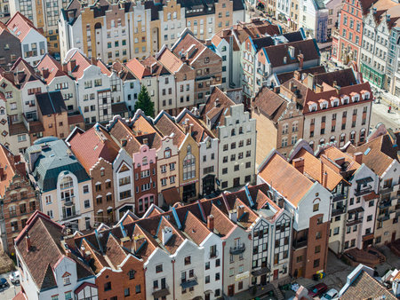 Close-up aerial view of traditional gabled buildings in ElblÄ…g Old Town
