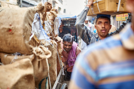 Laborer pushing a handcart loaded with burlap sacks through a narrow market street, Old Delhi,...