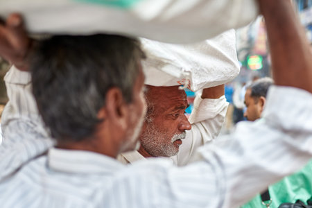 Close up profile of a senior porter and another man carrying heavy white sacks on their heads through a busy street, Old Delhi, Delhi, India, Asiaのeditorial素材