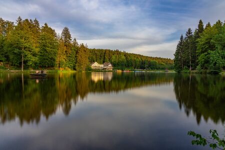 Ebnisee Lake Long exposure Forest Landscape Houseの写真素材