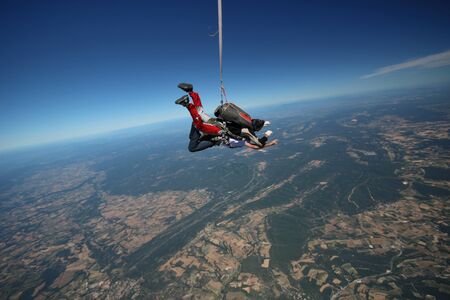 tandem parachute jump above the gard. aerial viewの写真素材