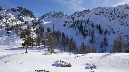 snowy landscape of Montgenvre in the high Alps in winter, franceの写真素材