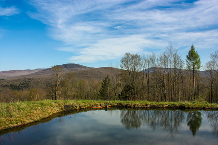 lake on top of a mountainの写真素材