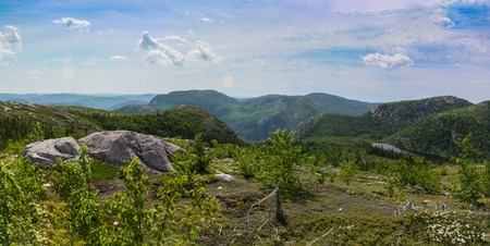top of a mountain view with lake and mountain range in distanceの写真素材