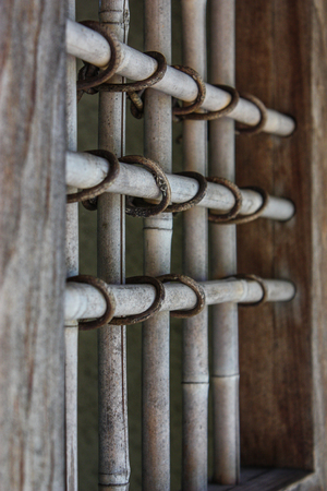 wood window attached with cordの写真素材