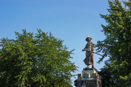 statue in a park with trees on blue skyの写真素材