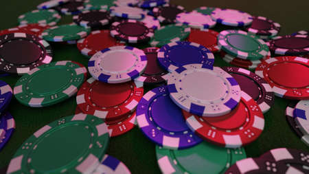 Static disorganized poker chips in red & blue light.の写真素材