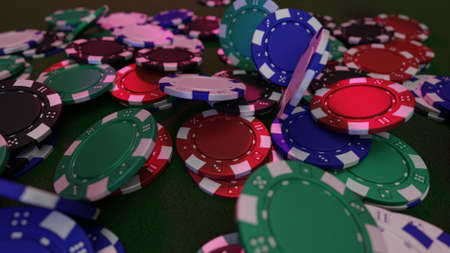 Falling poker chips in red & blue light.の写真素材