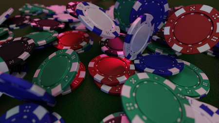 Falling poker chips in red & blue light.の写真素材