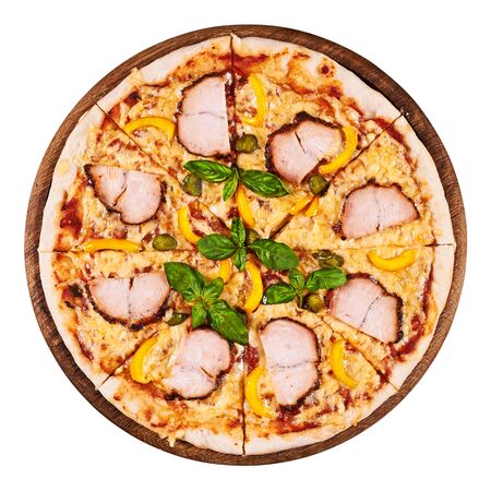 Chicken pastrami, yellow pepper and capers pizza isolated on white background with clipping pathの写真素材