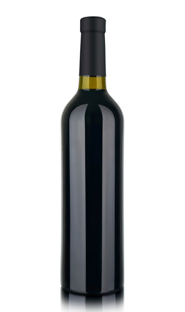 Red wine bottle isolated on white background with clipping pathの写真素材
