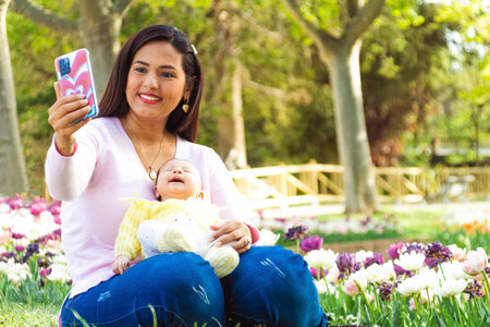 Young woman sipping, with her newborn baby in a park taking a selfieの写真素材
