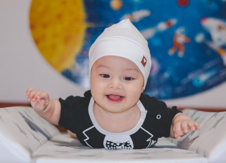 Baby Lying on Back, Happy, Smiling and Awakeの写真素材
