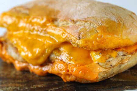 Tasty chicken steak sandwich in a ciabatta with cheddar cheese and thick romanian garlic sauceの写真素材